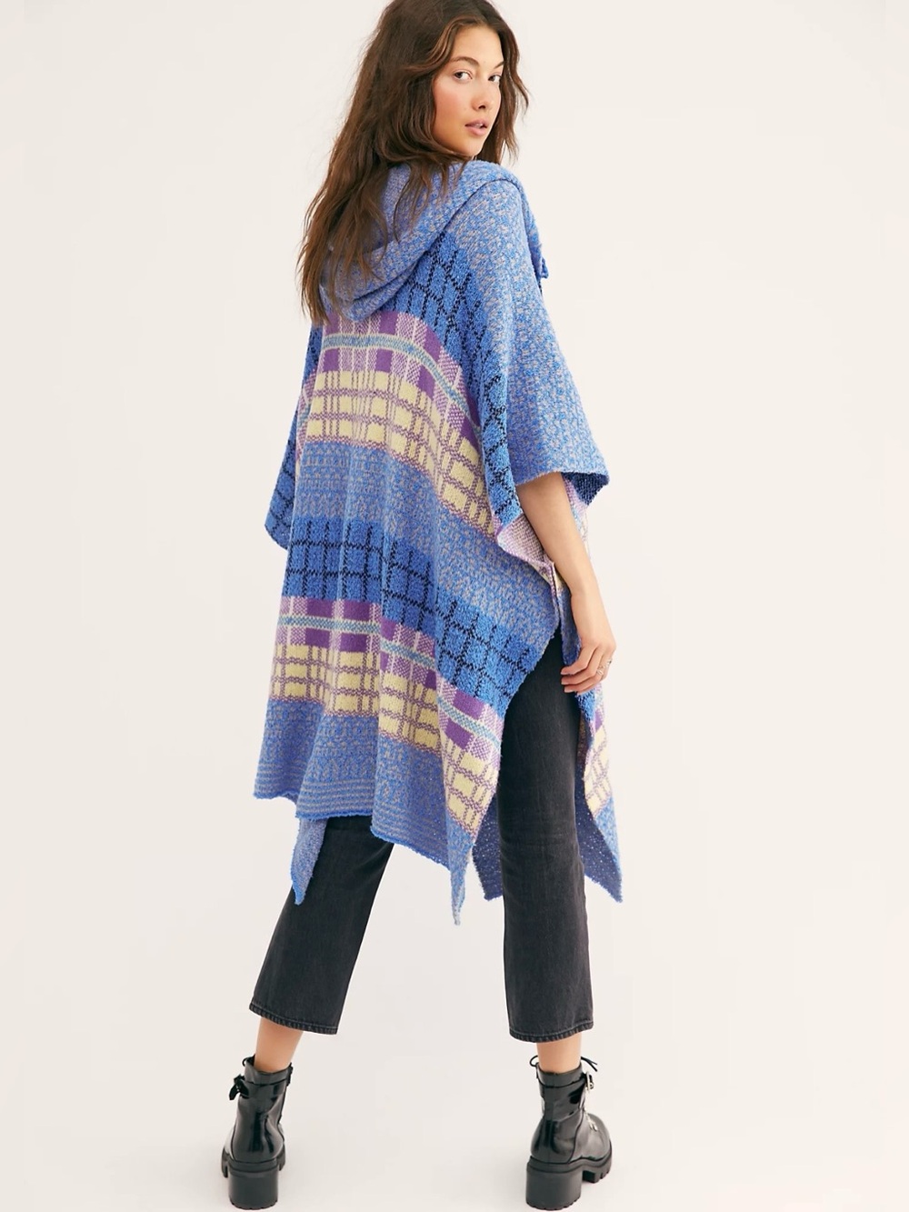 Free People Mercer Poncho in Blue Multi Hooded Open Cardigan Sweater OS
